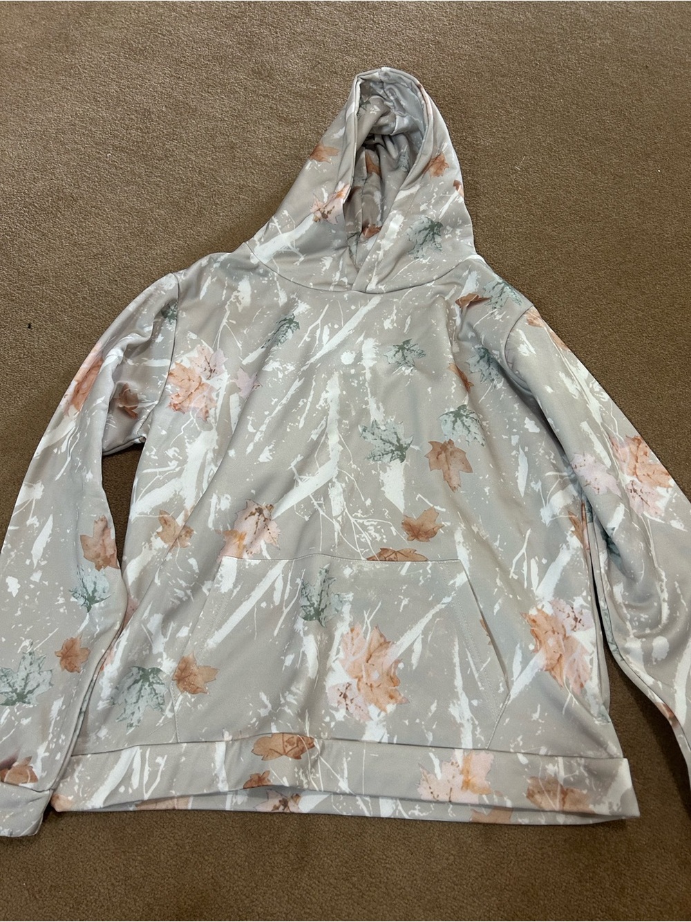 Neutral Leaf Print Hoodie - Beige with Peach & Sage Accents